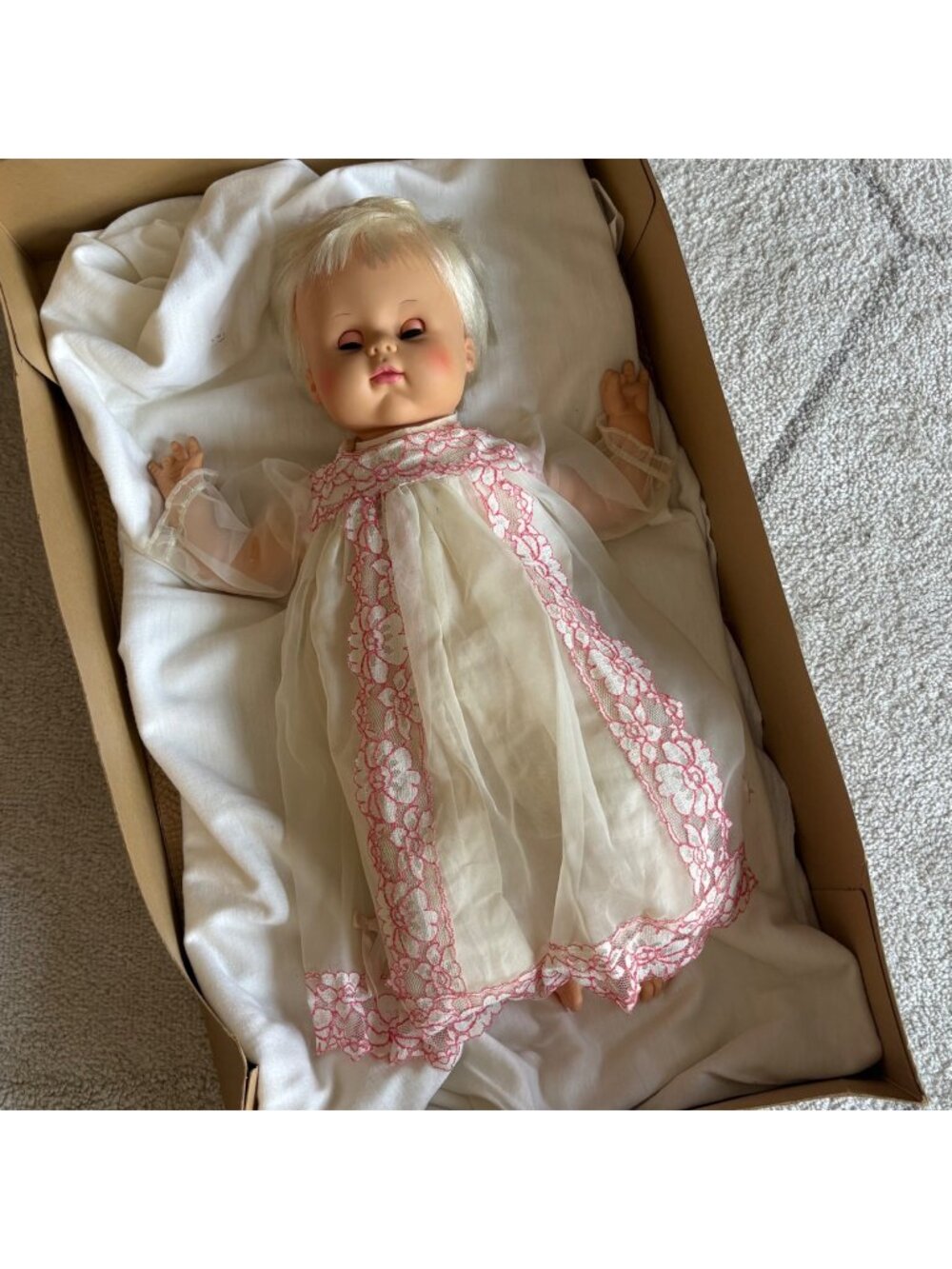 Vintage Horsman 18" Baby Doll Sleep Eyes Original Pink Lace Dress Soft Body